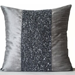 Grey Beaded Lumbar Pillows, Silk Metallic Pillow Cover, Sparkle Pillow, Gray Embroidered Multiple Sizes - thumbnail 3