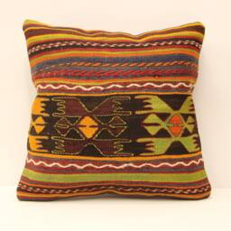 Geometric Throw Pillow, 18x18 Turkish Kilim Pillow, Bohemian Pillow, Pillow Cover, Decorative Pillow, Handmade Carpet Rug, 4Kbf-455 - thumbnail 1