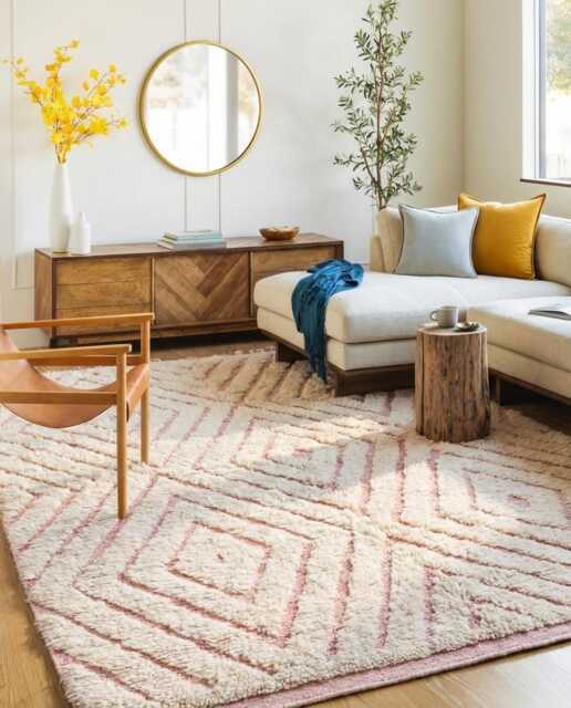 Minimalist Pink Moroccan Rug - White Beni Ourain Berber Wool Shag Large Area For Bedroom Soft Purple Scandi Decor - image 1