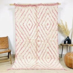 Minimalist Pink Moroccan Rug - White Beni Ourain Berber Wool Shag Large Area For Bedroom Soft Purple Scandi Decor - thumbnail 3