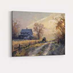 Golden Hour Farmhouse Country Lane Impressionist Landscape Canvas Wall Art Print Decor Picture Ready To Hang - thumbnail 4