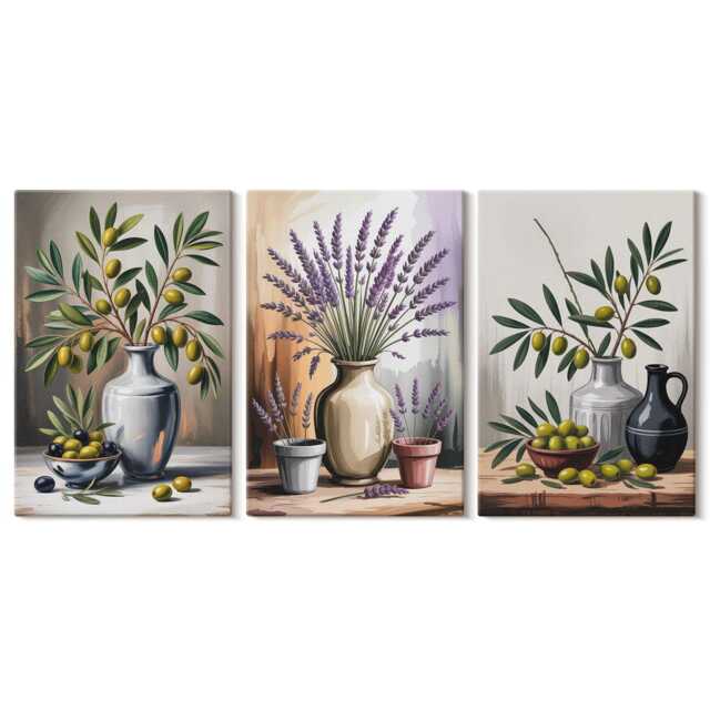 Set Of 3 Canvas Prints - Flowers & Olives in Vases On A Light Background, Green Wall Art Large, Plants Decor - image 1
