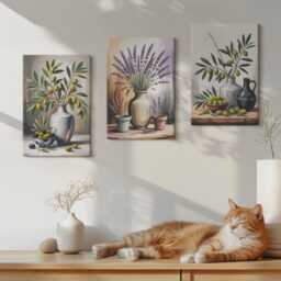 Set Of 3 Canvas Prints - Flowers & Olives in Vases On A Light Background, Green Wall Art Large, Plants Decor - thumbnail 2