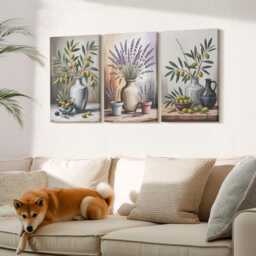 Set Of 3 Canvas Prints - Flowers & Olives in Vases On A Light Background, Green Wall Art Large, Plants Decor - thumbnail 3