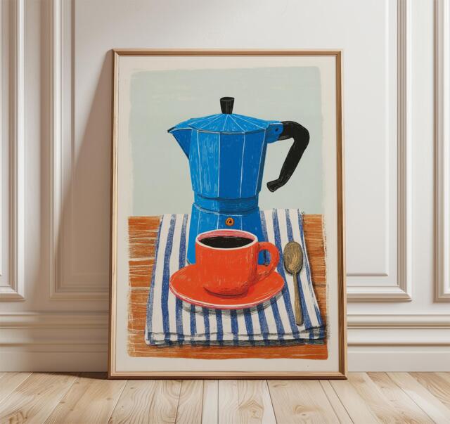 Moka Pot Coffee Art Set Of 2, Modern Kitchen Wall Prints, Italian Espresso Maker Poster Set, Blue & Orange Caf?? Decor - image 1