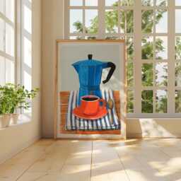 Moka Pot Art Print Set, Modern Kitchen Decor, Blue & Orange - Set Of 2 - thumbnail 4