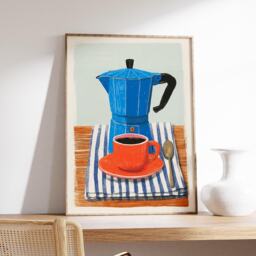 Moka Pot Coffee Art Set Of 2, Modern Kitchen Wall Prints, Italian Espresso Maker Poster Set, Blue & Orange Caf?? Decor - thumbnail 2