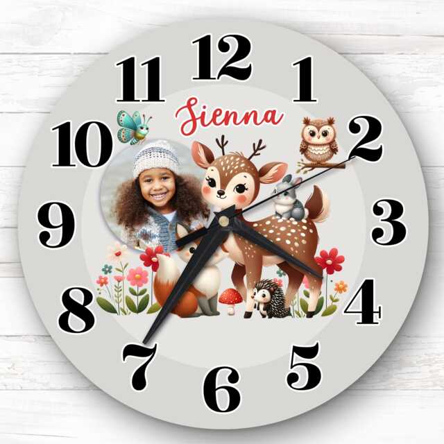 Woodland Animals Photo Personalised Gift For Kid's Bedroom Clock - Kids Clock, Children's , Custom Wall - image 1