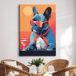 Vibrant French Bulldog Drink With Glasses Painting Framed Poster Print & Canvas Wall Decor Art Bedroom Home Interior Dog Lover Gift
