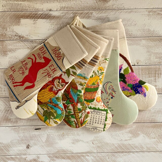 Vintage Linen Christmas Stocking - Farmhouse Cutter Quilt Feedsack - image 1
