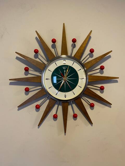 Handmade Mid Century Starburst Clock Teak Rays, Teal Dial, Red Balls - 19 Inch - image 1