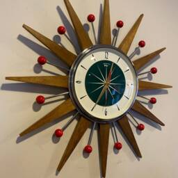 Handmade Mid Century Starburst Clock Teak Rays, Teal Dial, Red Balls - 19 Inch - thumbnail 2