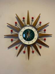 Handmade Mid Century Starburst Clock Teak Rays, Teal Dial, Red Balls - 19 Inch - thumbnail 1