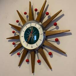 Handmade Mid Century Starburst Clock Teak Rays, Teal Dial, Red Balls - 19 Inch - thumbnail 3