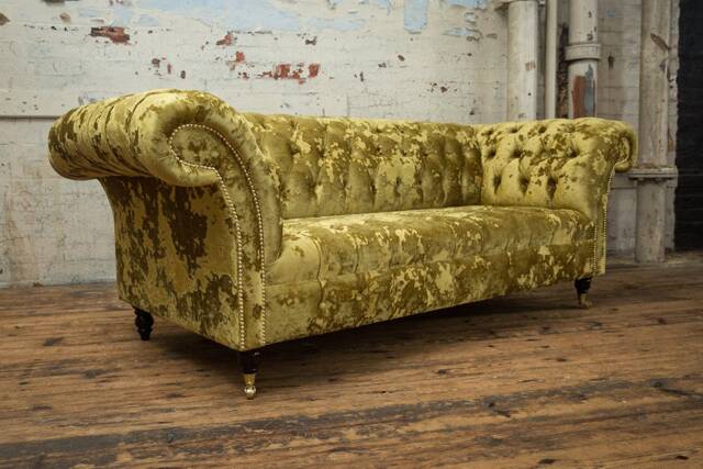 3 Seater Gold Crushed Velvet Chesterfield Sofa, British Handmade - image 1