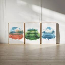 Tennis Court Poster Set - 3 Boys Bedroom Prints - Sport Wall Art Kids Room Decor Gift Watercolour Artwork Girls Gifts Player - thumbnail 2
