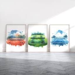 Tennis Court Poster Set - 3 Boys Bedroom Prints - Sport Wall Art Kids Room Decor Gift Watercolour Artwork Girls Gifts Player - thumbnail 1
