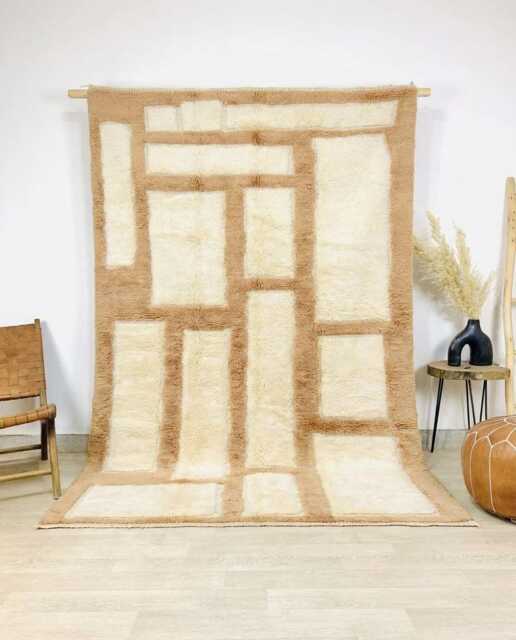 Moroccan Beige & Cream Berber Rug, Handwoven Wool Shag Rectangular Block Pattern, Authentic Beni Ourain Carpet, Large 9x12 Area Rug - image 1