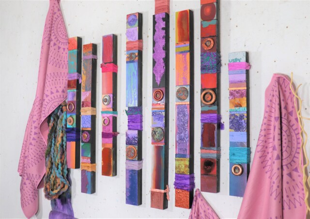 Large Wall Abstract Color Wood Collages Texture Panels Totems Hand Painted Glazed Sticks Rectangles Pastel Bright's 5Pi Tropical Mid Century - image 1