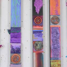 Large Wall Abstract Color Wood Collages Texture Panels Totems Hand Painted Glazed Sticks Rectangles Pastel Bright's 5Pi Tropical Mid Century - thumbnail 3