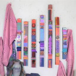 Large Wall Abstract Color Wood Collages Texture Panels Totems Hand Painted Glazed Sticks Rectangles Pastel Bright's 5Pi Tropical Mid Century - thumbnail 2