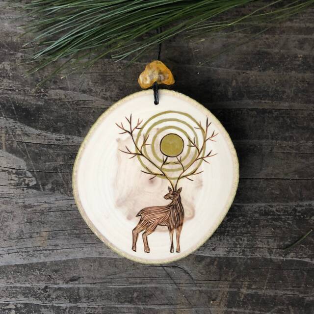 Happy Winter Solstice Ornament Or Wall Hanging. Wood Burned Deer W/Golden Sun in The Branches/Antlers. Handmade By Forage Workshop Preorder - image 1