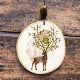 Happy Winter Solstice Ornament Or Wall Hanging. Wood Burned Deer W/Golden Sun in The Branches/Antlers. Handmade By Forage Workshop Preorder - thumbnail 4