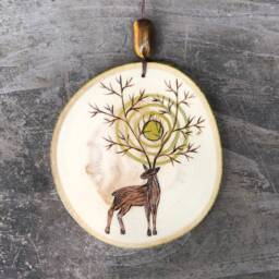 Happy Winter Solstice Ornament Or Wall Hanging. Wood Burned Deer W/Golden Sun in The Branches/Antlers. Handmade By Forage Workshop Preorder - thumbnail 3
