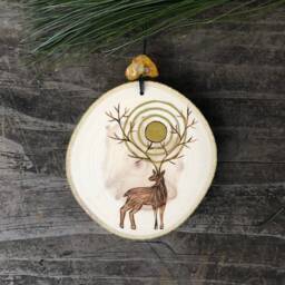 Happy Winter Solstice Ornament Or Wall Hanging. Wood Burned Deer W/Golden Sun in The Branches/Antlers. Handmade By Forage Workshop Preorder - thumbnail 1