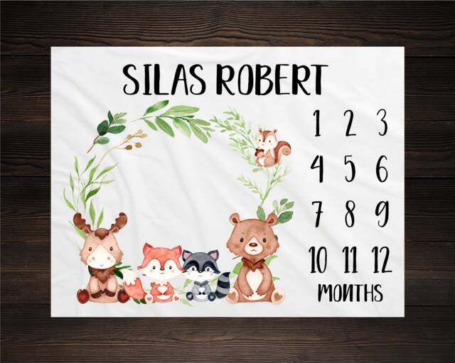Woodland Milestone Blanket Monthly Growth Tracker Soft Fleece Fox Baby Shower Gift Newborn Watch Me Grow Boy - image 1