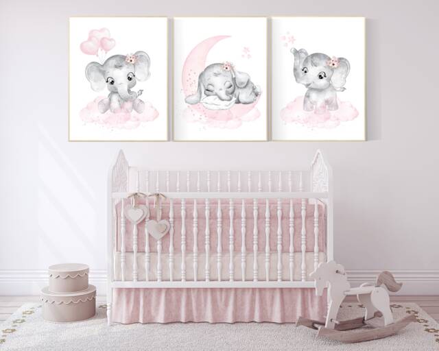 Elephant Nursery Art Print Pink Cloud & Stars Decor - image 1