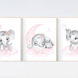 Elephant Nursery Art Print Pink Cloud & Stars Decor - thumbnail 2