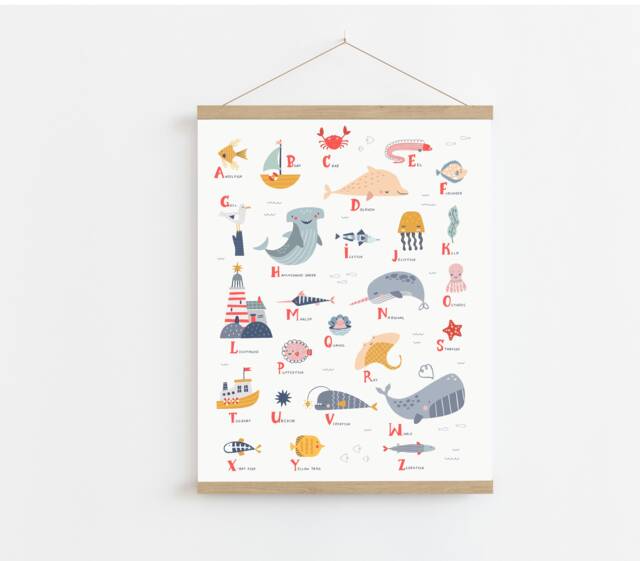 Nautical Alphabet Nursery Canvas Print, Ocean Animals, Kids Decor - image 1