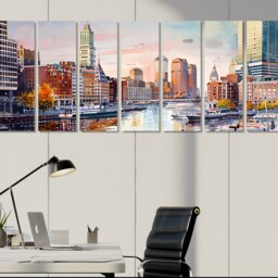 Boston Downtown Panoramic Painting Canvas Print, Skyline, Wall Art, Framed & Ready To Hang - thumbnail 3