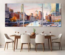Boston Downtown Panoramic Painting Canvas Print, Skyline, Wall Art, Framed & Ready To Hang - thumbnail 1
