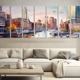 Boston Downtown Panoramic Painting Canvas Print, Skyline, Wall Art, Framed & Ready To Hang - thumbnail 2