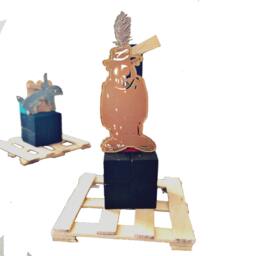 Gold Ninja Sculpture On Wood Pedestal Miniature Statue Mini Art Handmade Work Metal Desk Free Shipping - thumbnail 2