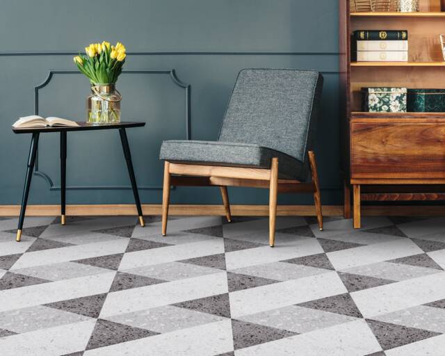 Marble Geometricillusion Vinyl Flooring, White Area Floor PVC, Gray Decorative Triangles Modern Sheet - image 1