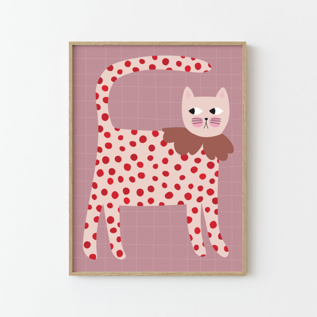Cat Print - Colorful Nursery Wall Art Decor For Kids, Red Polka Dots - image 1