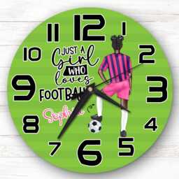 Girls Football Dark Skin Hair Bun Personalised Gift For Kid's Bedroom Clock - Kids Clock, Children's , Custom Wall - thumbnail 1