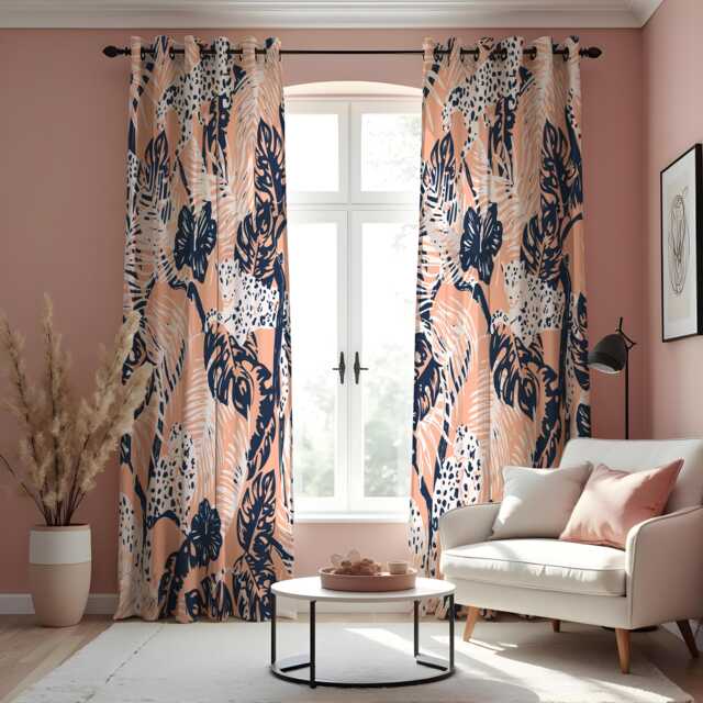 Blush Pink Tropical Curtains, Navy Blue Leaf & Leopard Print Drapes, Modern Jungle Pattern Window Panels - image 1