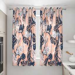Blush Pink Tropical Curtains, Navy Blue Leaf & Leopard Print Drapes, Modern Jungle Pattern Window Panels - thumbnail 3