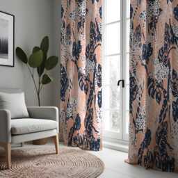 Blush Pink Tropical Curtains, Navy Blue Leaf & Leopard Print Drapes, Modern Jungle Pattern Window Panels - thumbnail 2