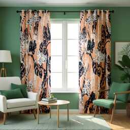 Blush Pink Tropical Curtains, Navy Blue Leaf & Leopard Print Drapes, Modern Jungle Pattern Window Panels - thumbnail 4