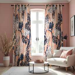 Blush Pink Tropical Curtains, Navy Blue Leaf & Leopard Print Drapes, Modern Jungle Pattern Window Panels - thumbnail 1