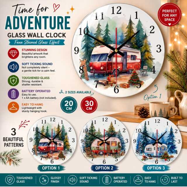 Winter Campervan Holiday Glass Wall Clock Festive Home Decor - image 1