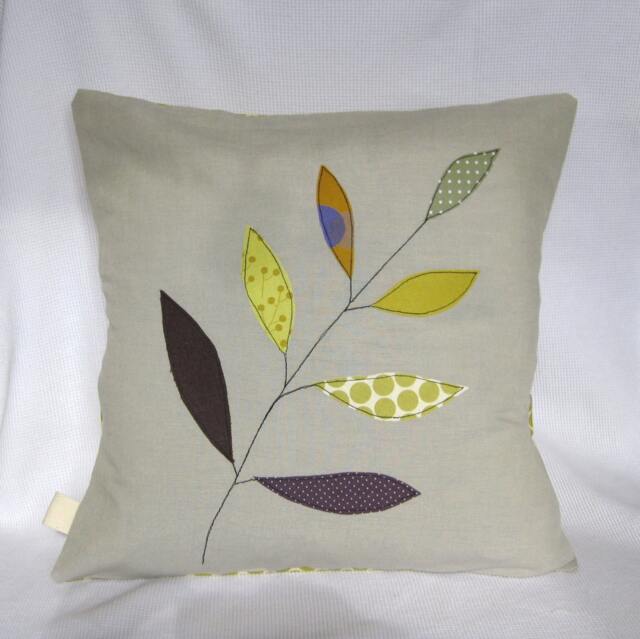 Cushion Cover, Olive Green Leaves On A Branch, Free Motion Applique, Linen, Cotton, 16 - image 1