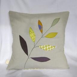 Cushion Cover, Olive Green Leaves On A Branch, Free Motion Applique, Linen, Cotton, 16 - thumbnail 1