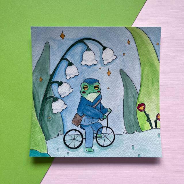 Frog On Bike Art Print Lily Of The Valley Garden Decor - image 1