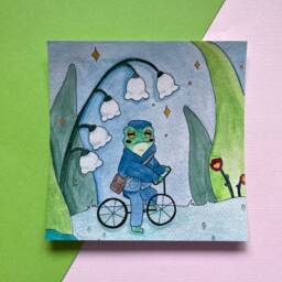 Frog On Bike Art Print Lily Of The Valley Garden Decor - thumbnail 1